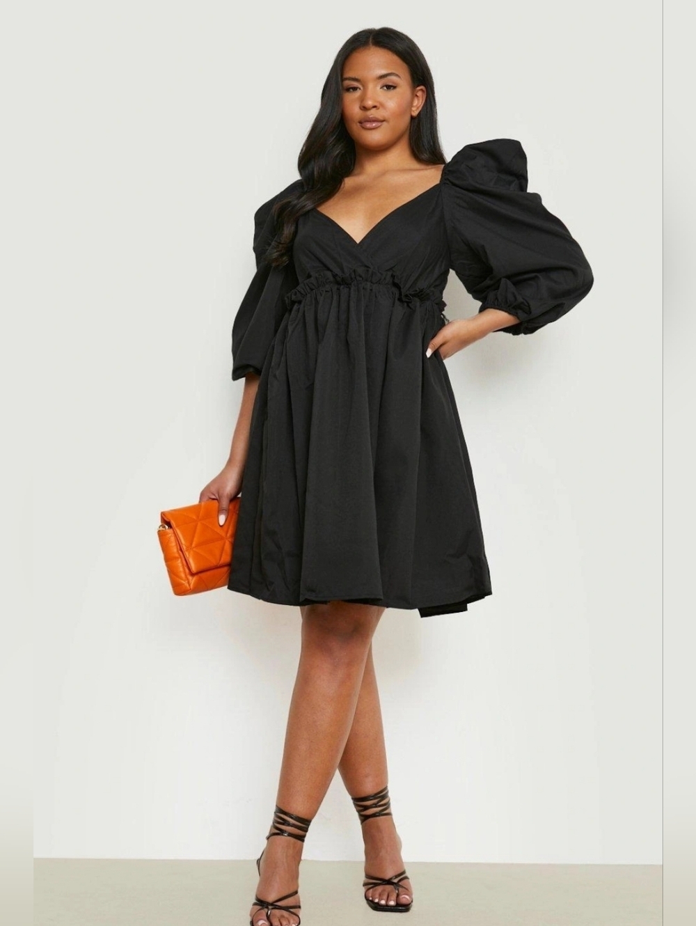 Gianni Bini Black Puff-Sleeve V-Neck Mini Dress with Back Bow Tie